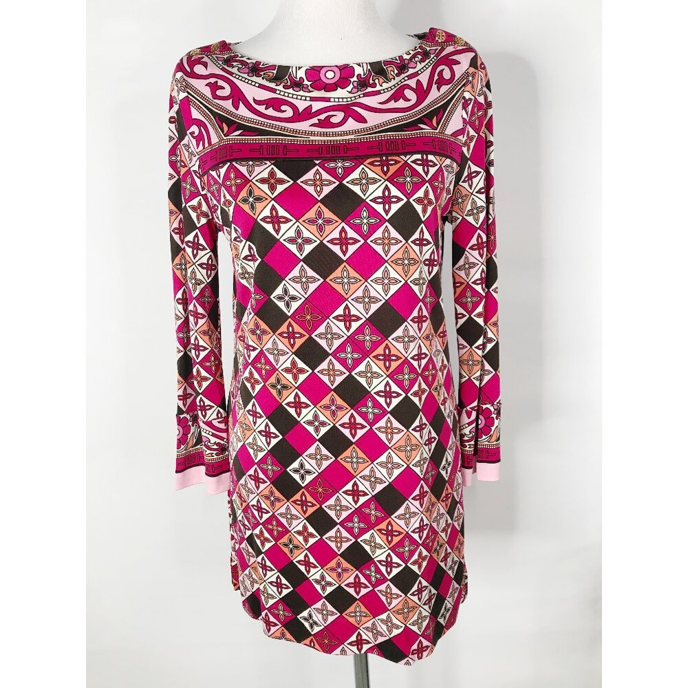 Tory Burch Top Womens Medium Pink Geometric Print Silk Tunic Logo Retro Luxury